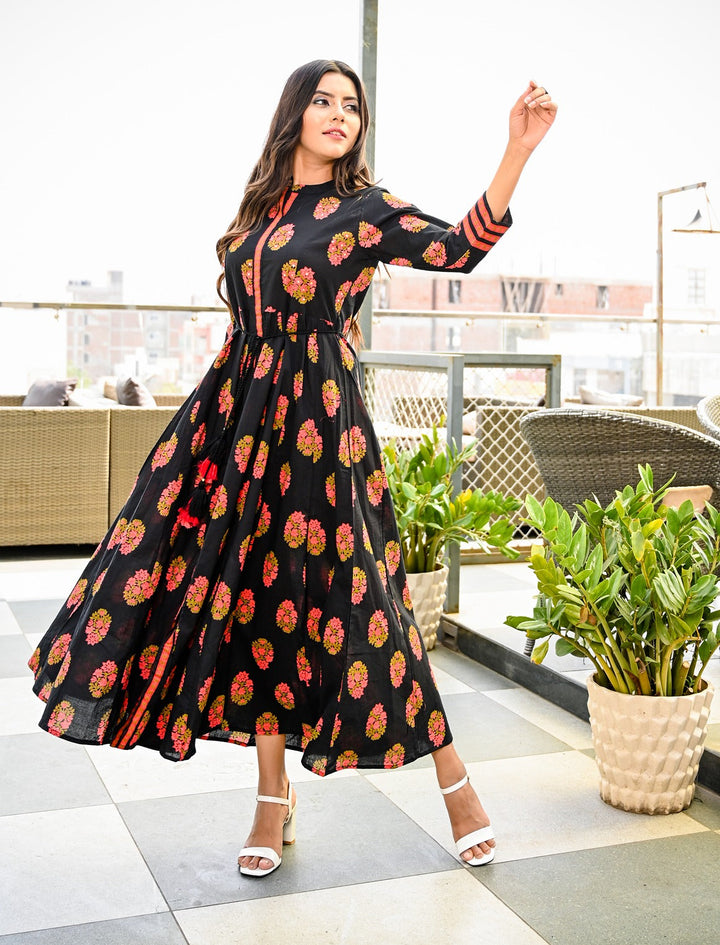 Black and Peach Printed Dress-Yufta Store-7602KURBKS