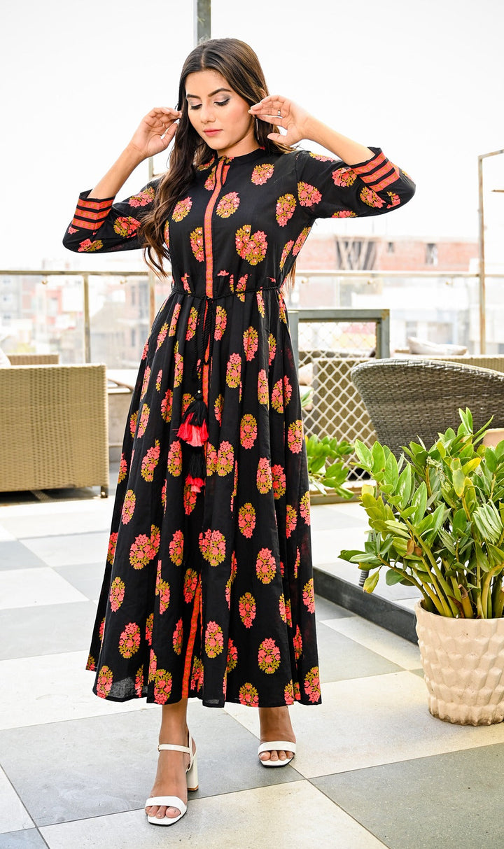 Black and Peach Printed Dress-Yufta Store-7602KURBKS