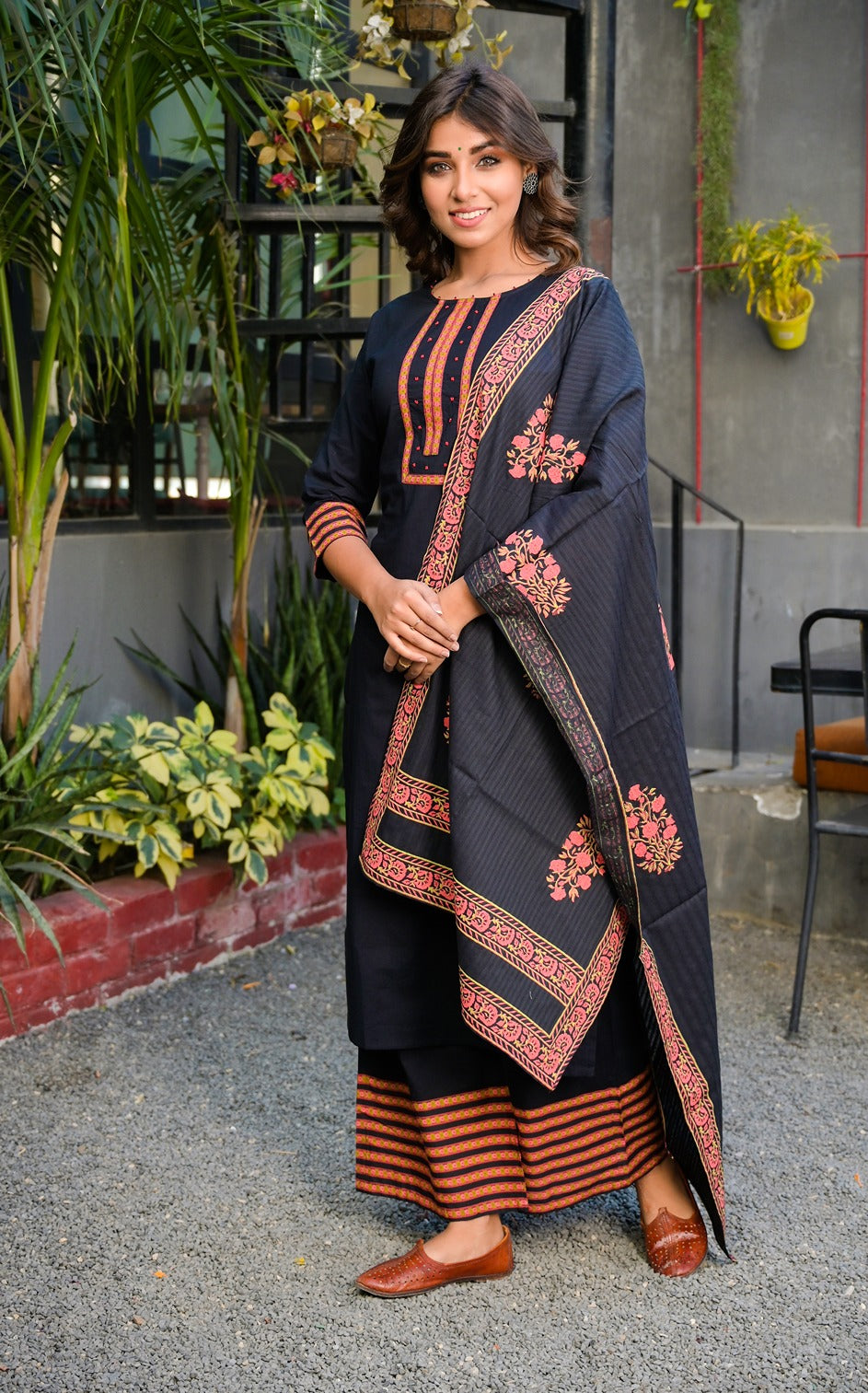 Black and Peach Printed Dupatta Set-Yufta Store-7631SETBKS