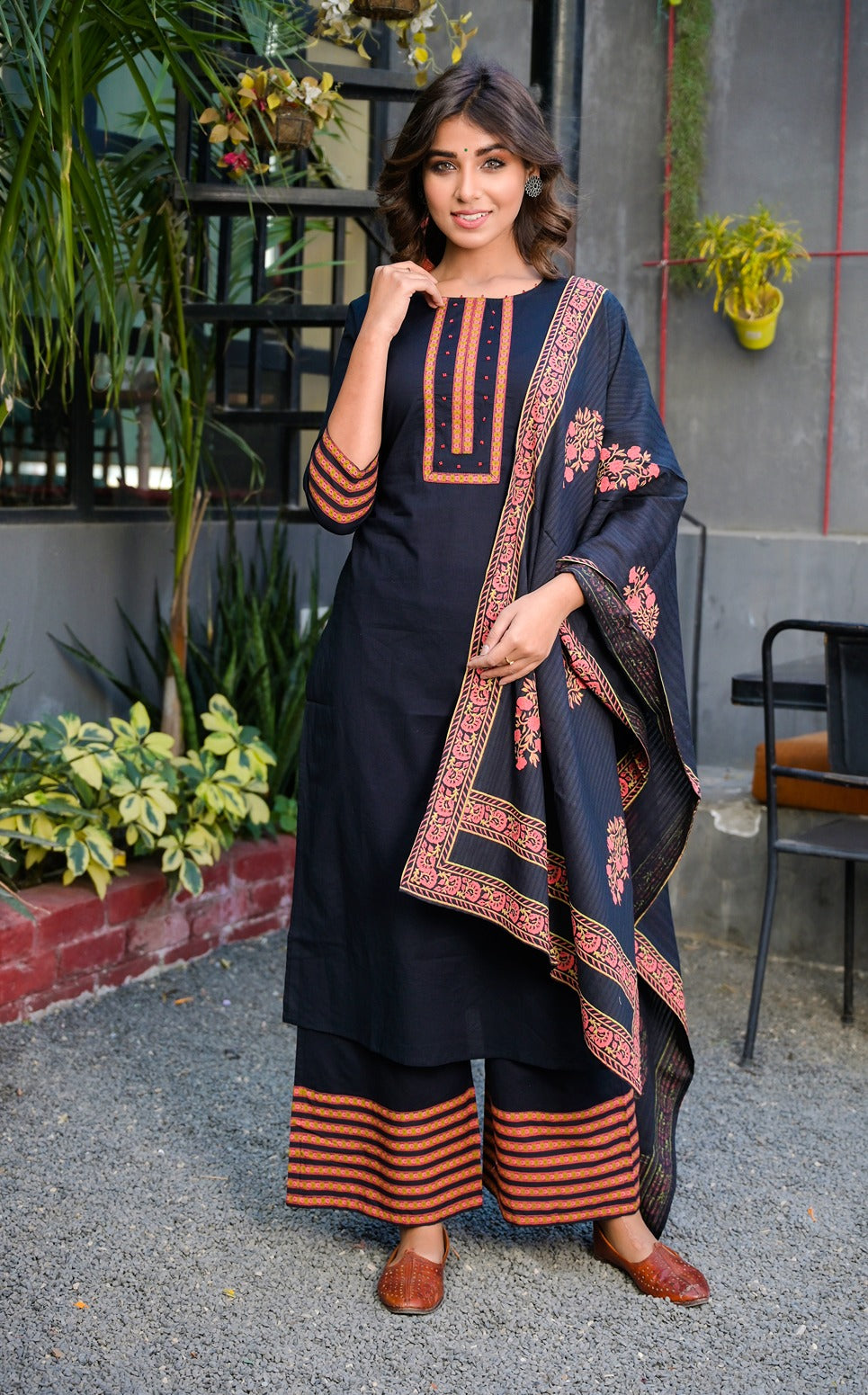 Black and Peach Printed Dupatta Set