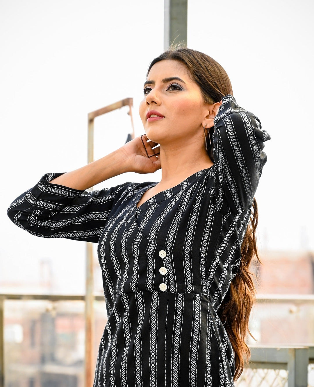 Black and White A-Line Kurta-Yufta Store-7880KURBKS