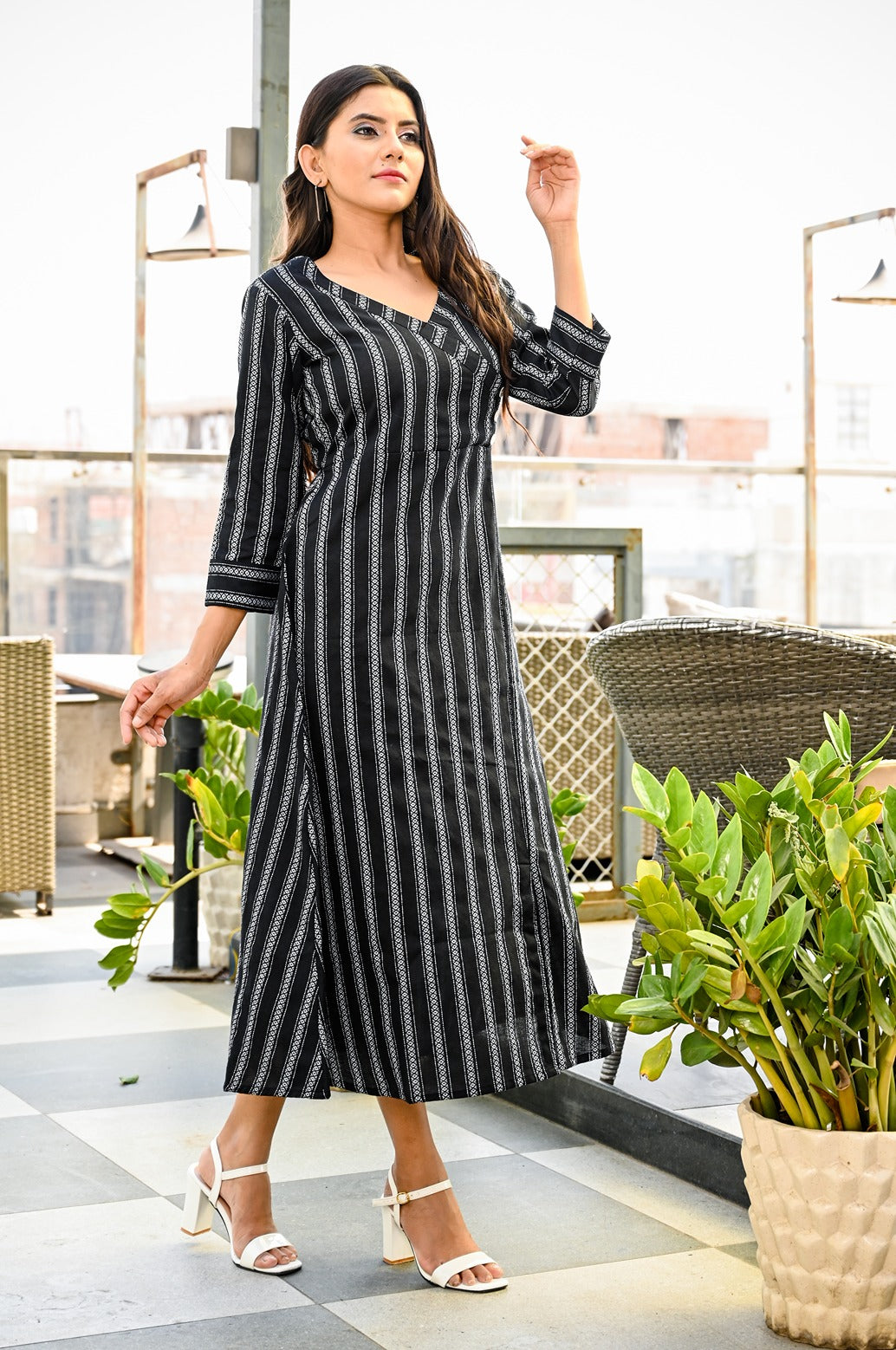 Black and White A-Line Kurta-Yufta Store-7880KURBKS