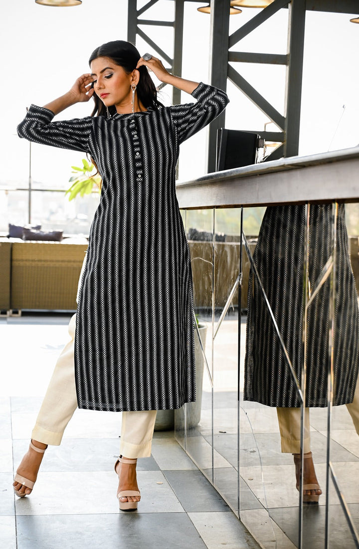 Black and White Straight Kurta-Yufta Store-7876KURBKS