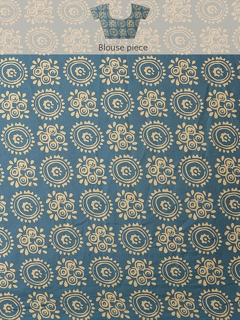 Blue Ajrak Block Printed Saree-Yufta Store-6050SARBL