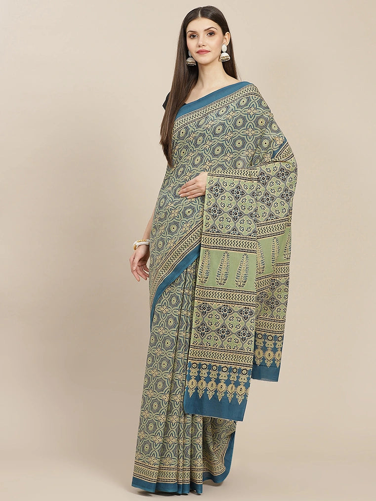 Blue Ajrak Block Printed Saree