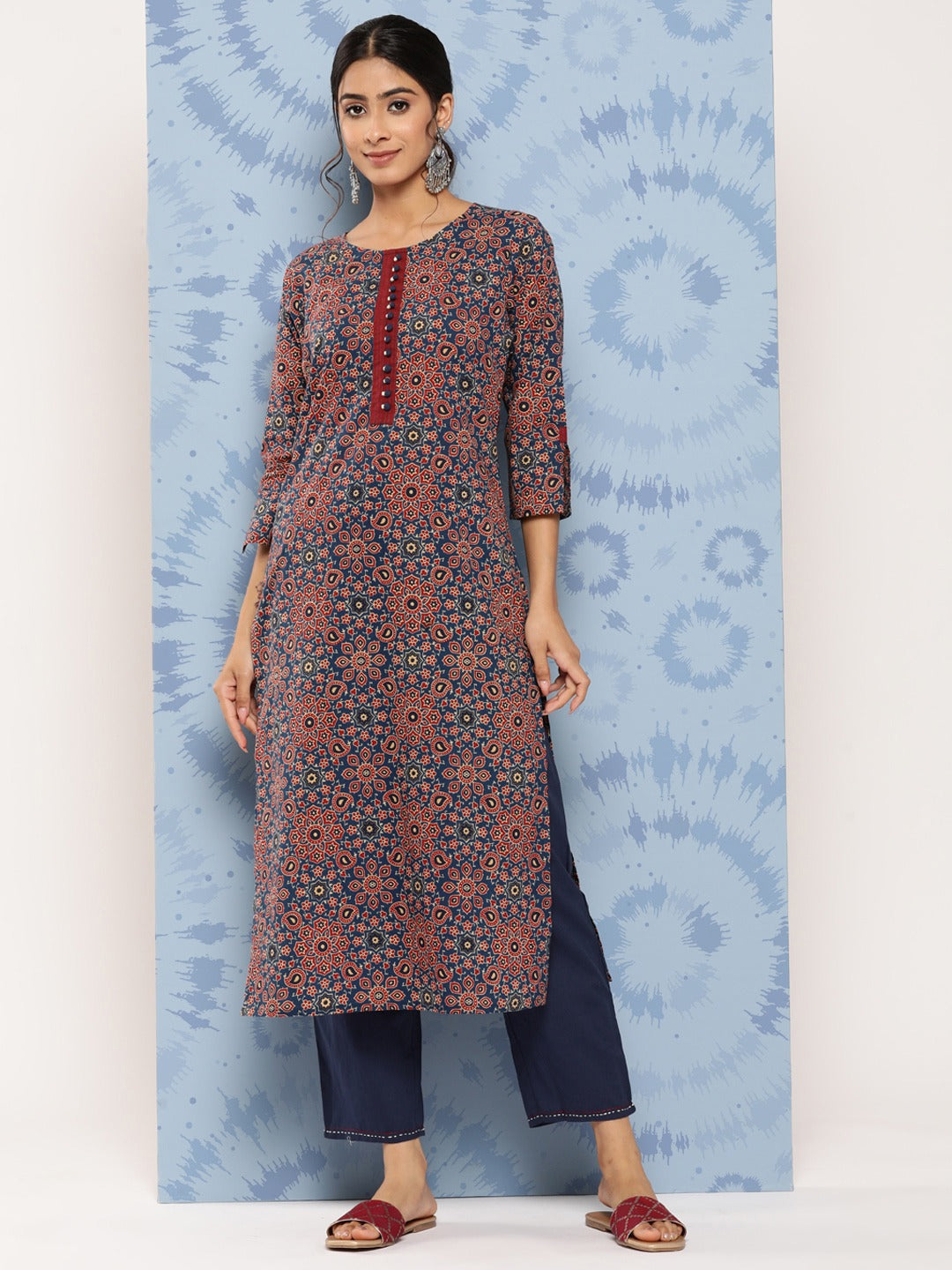 Blue Ajrak Printed Kurta Set-Yufta Store-9022SETBLS