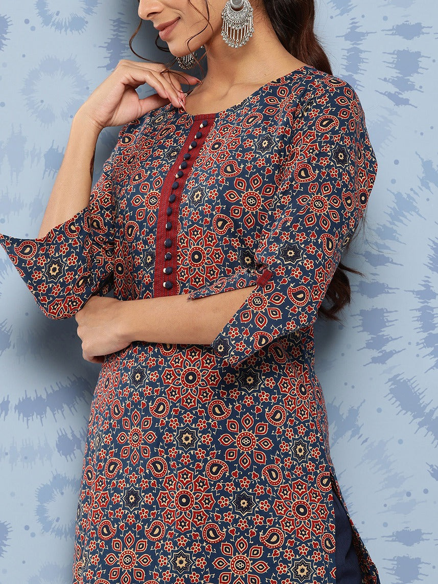 Blue Ajrak Printed Kurta Set