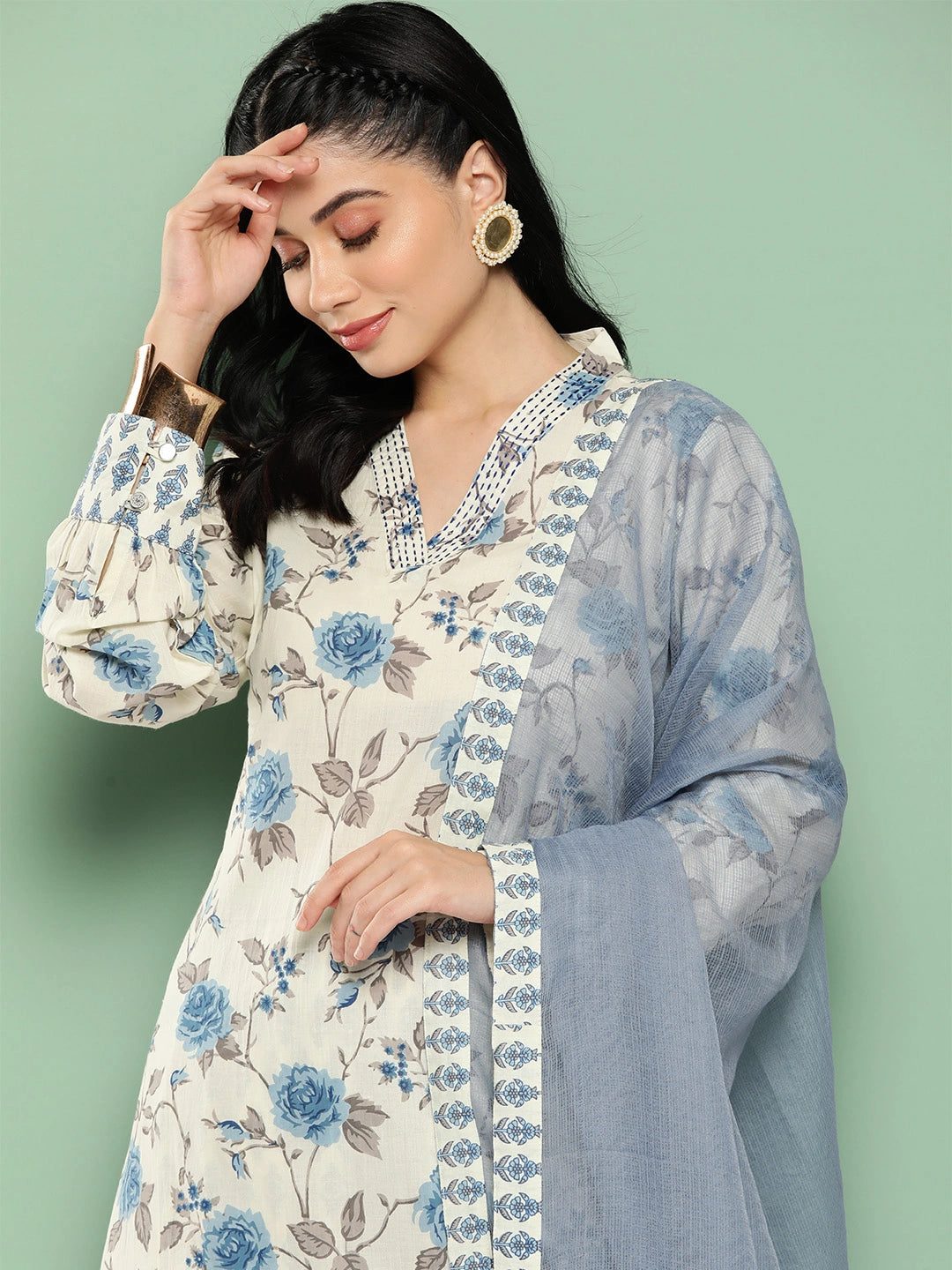 Blue And Cream Floral Printed Regular Pure Cotton Kurta with Harem pants & Dupatta Set-Yufta Store-1438SKDBLS