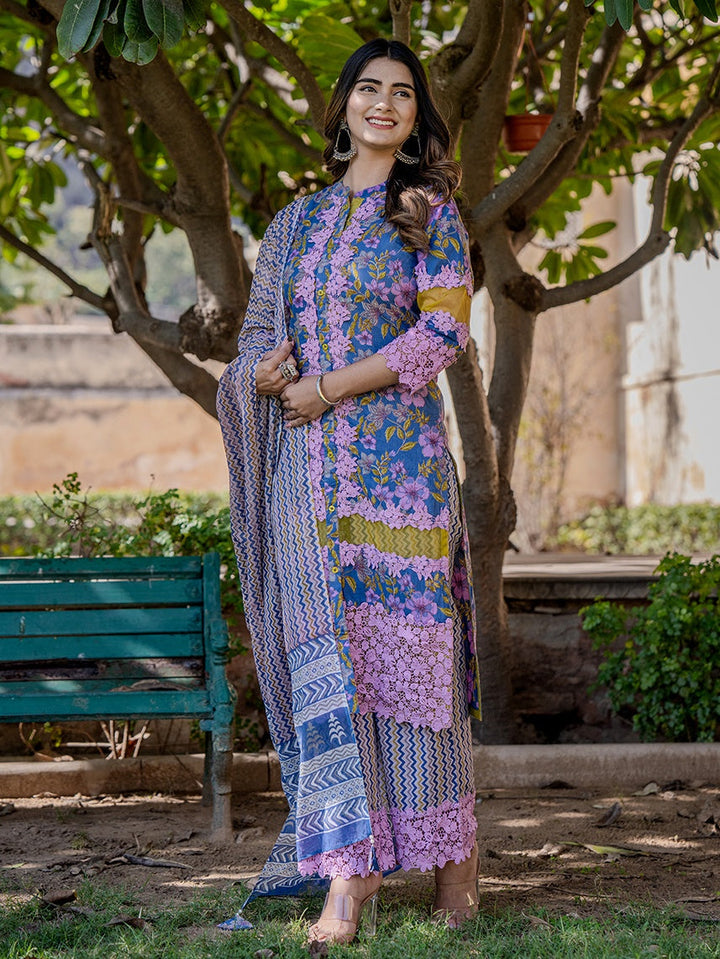 Blue And Fuchsia Floral Print Pakistani Style Kurta Trouser And Dupatta Set-Yufta Store-2000SKDBLS