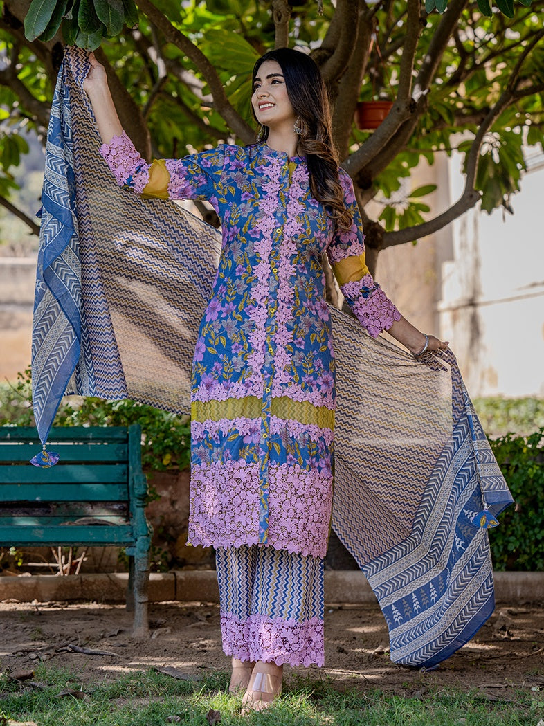 Blue And Fuchsia Floral Print Pakistani Style Kurta Trouser And Dupatta Set-Yufta Store-2000SKDBLS