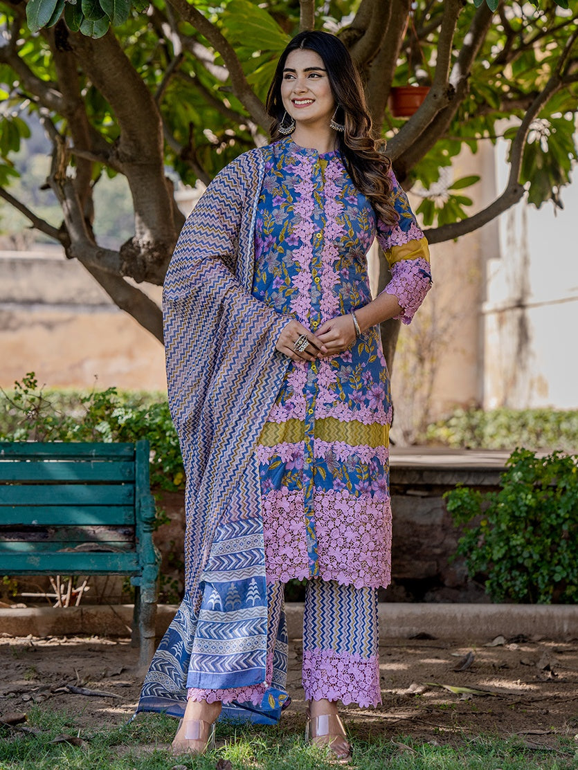 Blue And Fuchsia Floral Print Pakistani Style Kurta Trouser And Dupatta Set-Yufta Store-2000SKDBLS