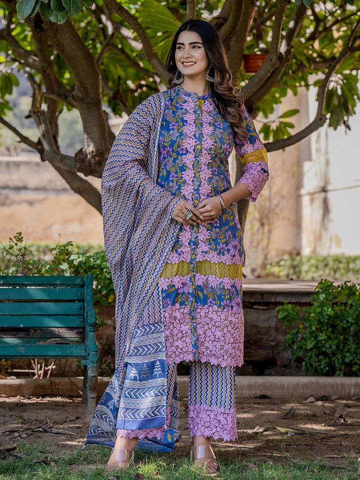 Blue And Fuchsia Floral Print Pakistani Style Kurta Trouser And Dupatta Set-Yufta Store-2000SKDBLS