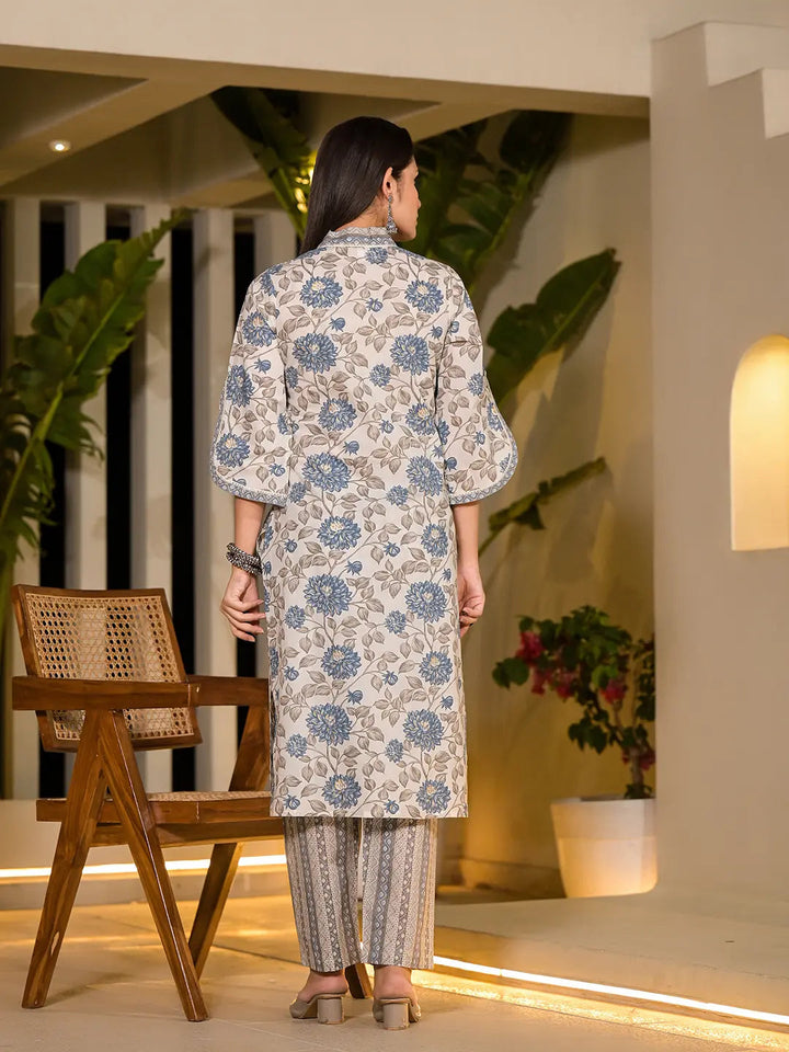 Blue And Off White Floral Print Cotton Straight Style Kurta And Trousers With Dupatta-Yufta Store-1007SKDBLS