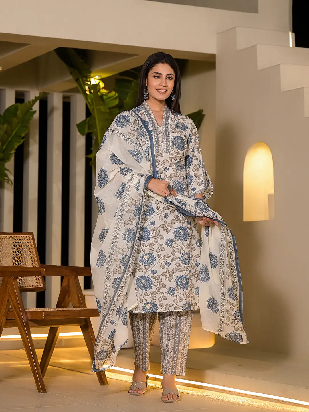 Blue And Off White Floral Print Cotton Straight Style Kurta And Trousers With Dupatta-Yufta Store-1007SKDBLS