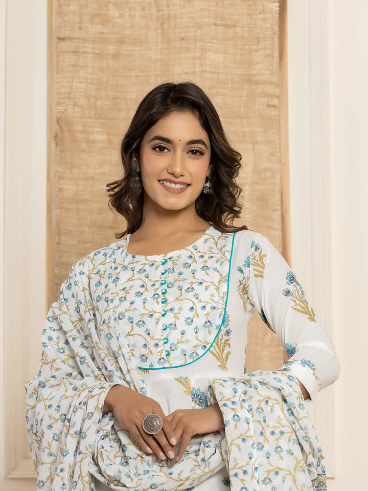 Blue And White Floral Print Piping Anarkali Style Kurta And Trousers With Dupatta Set