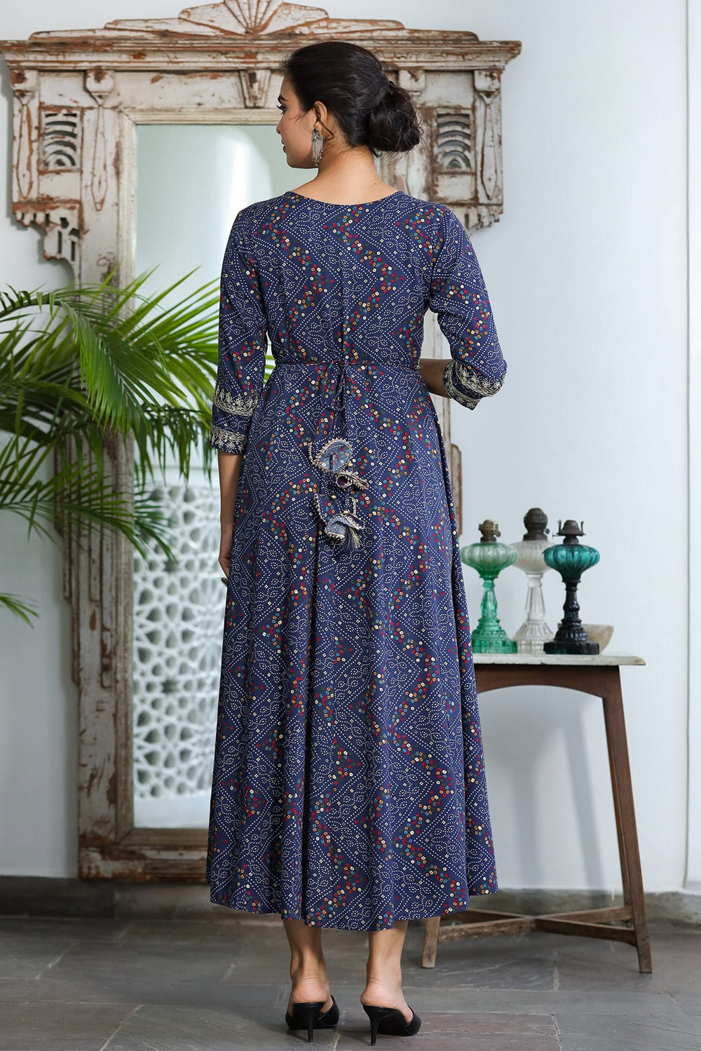 Blue Bandhani Embroidered Dress-Yufta Store-9345DRSBLS