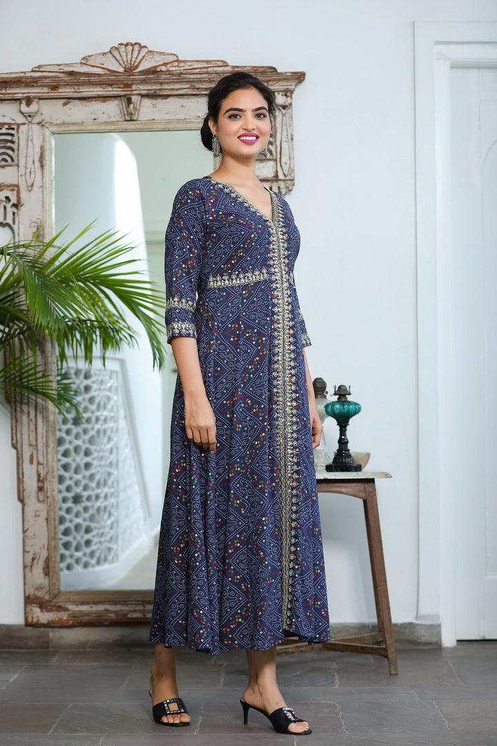 Blue Bandhani Embroidered Dress-Yufta Store-9345DRSBLS