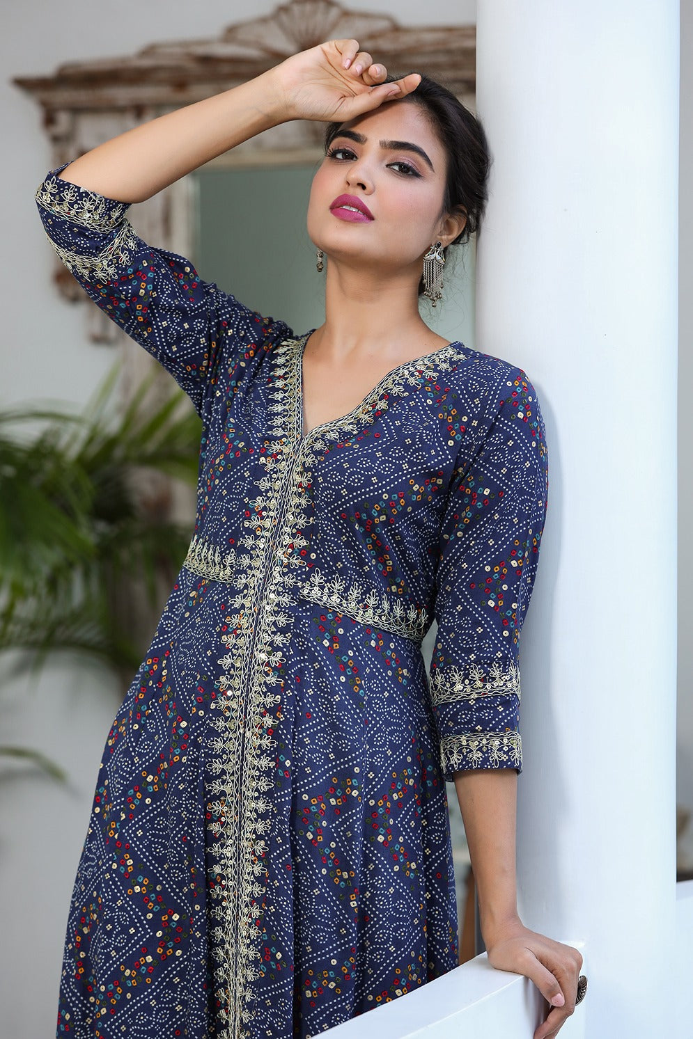 Blue Bandhani Embroidered Dress-Yufta Store-9345DRSBLS