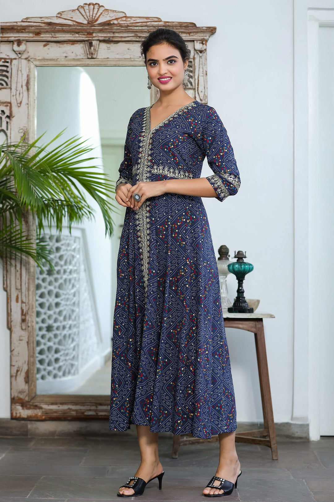 Blue Bandhani Embroidered Dress-Yufta Store-9345DRSBLS