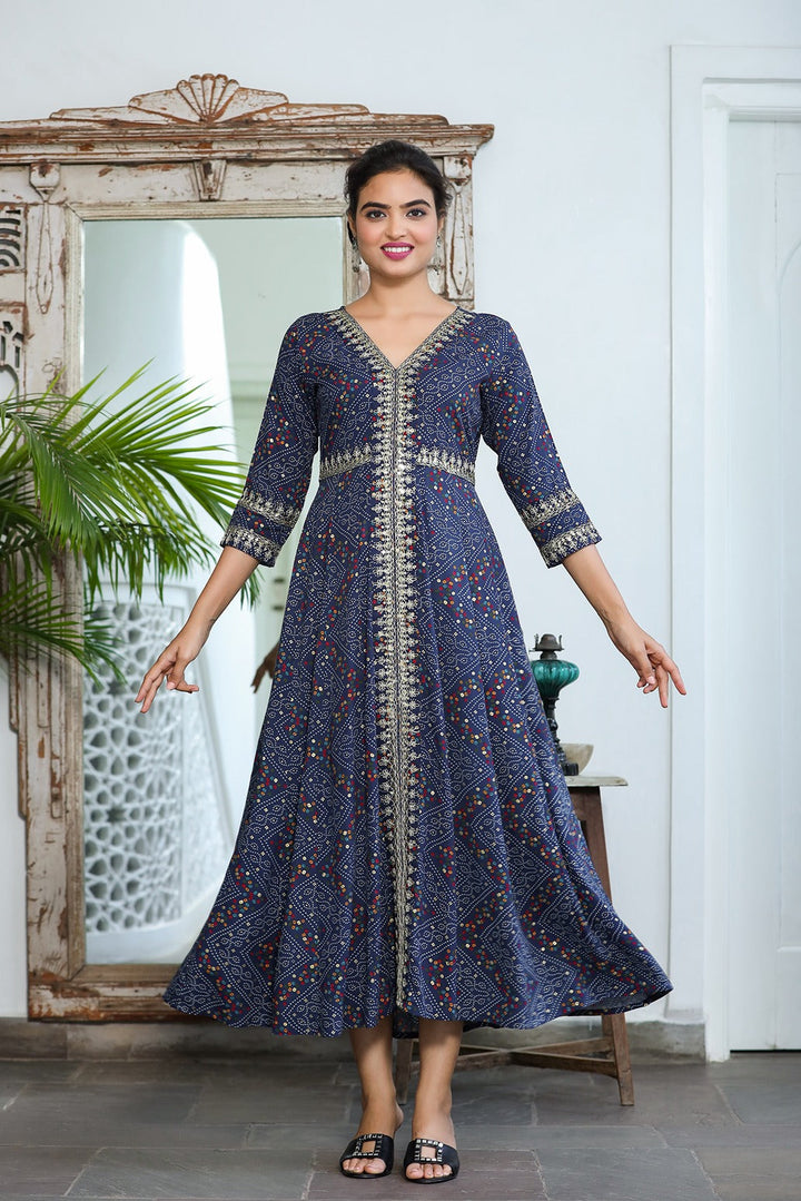 Blue Bandhani Embroidered Dress-Yufta Store-9345DRSBLS