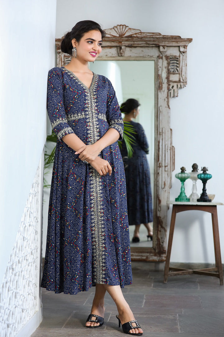 Blue Bandhani Embroidered Dress-Yufta Store-9345DRSBLS