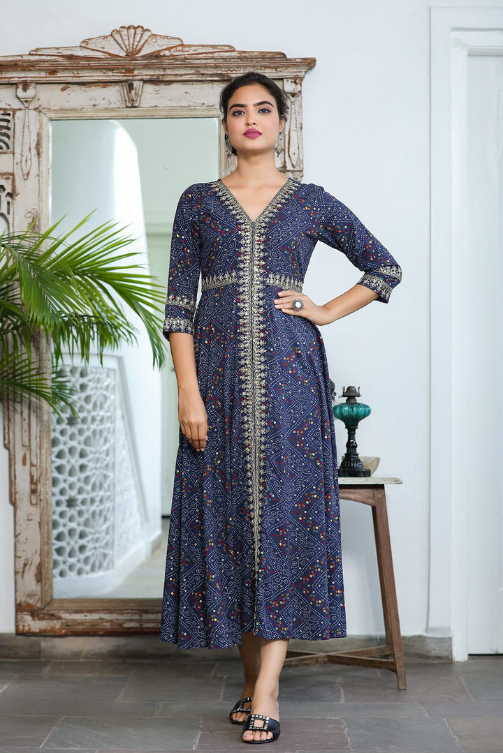 Blue Bandhani Embroidered Dress-Yufta Store-9345DRSBLS