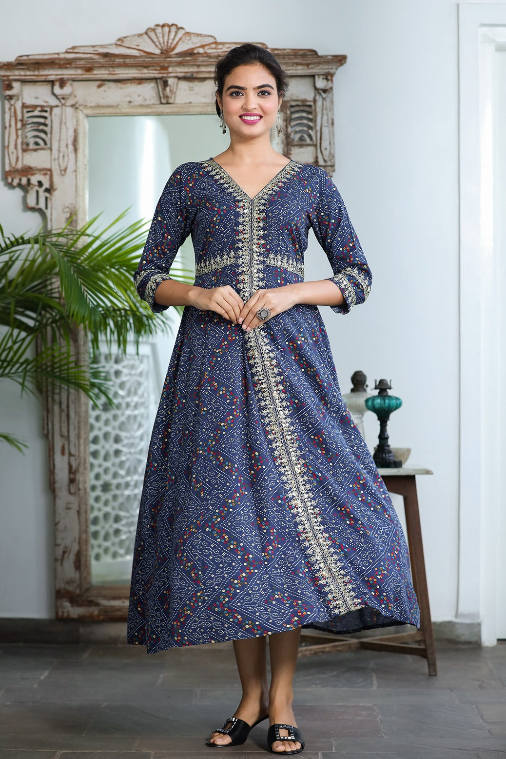 Blue Bandhani Embroidered Dress-Yufta Store-9345DRSBLS