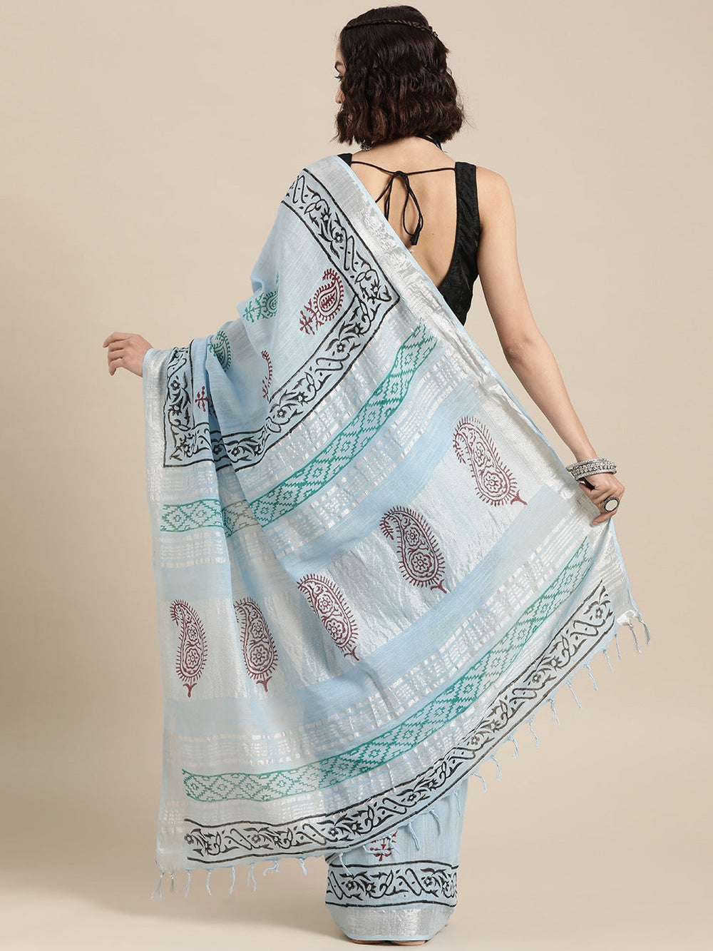 Blue & Brown Handwoven Ethnic Motifs Zari Saree