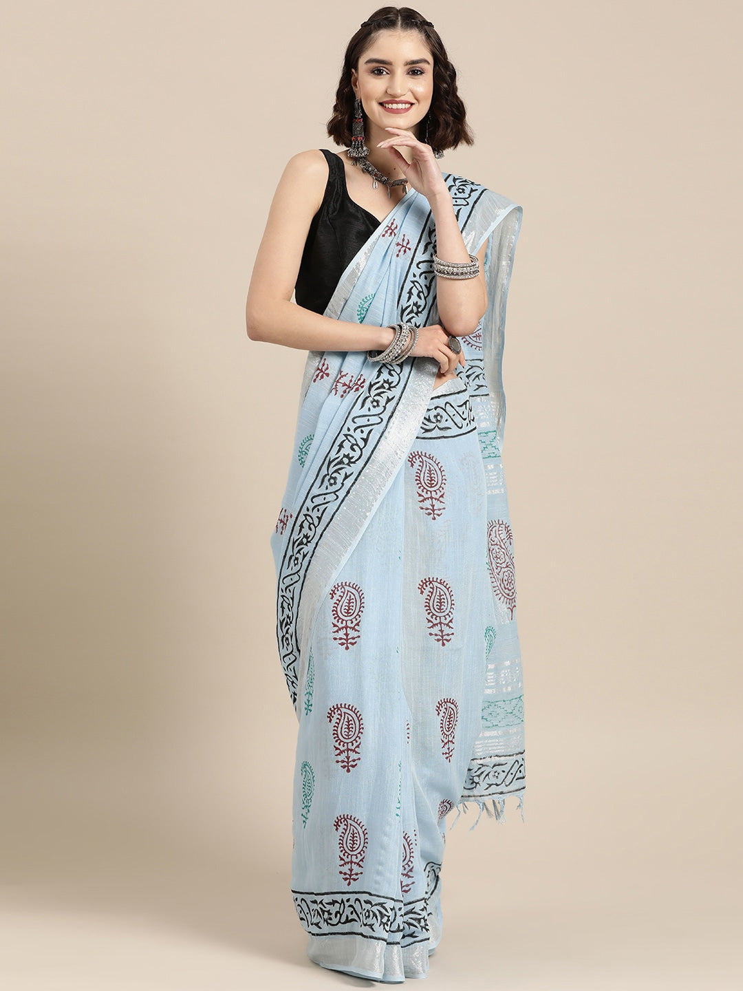 Blue & Brown Handwoven Ethnic Motifs Zari Saree-Yufta Store-6027SARSB