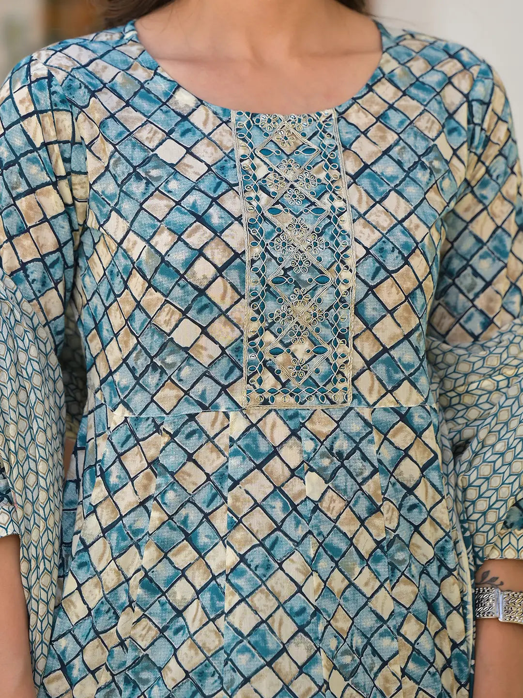 Blue Checkered Print Anarkali Kurta Trouser With Dupatta Set-Yufta Store-6918SKDBLS