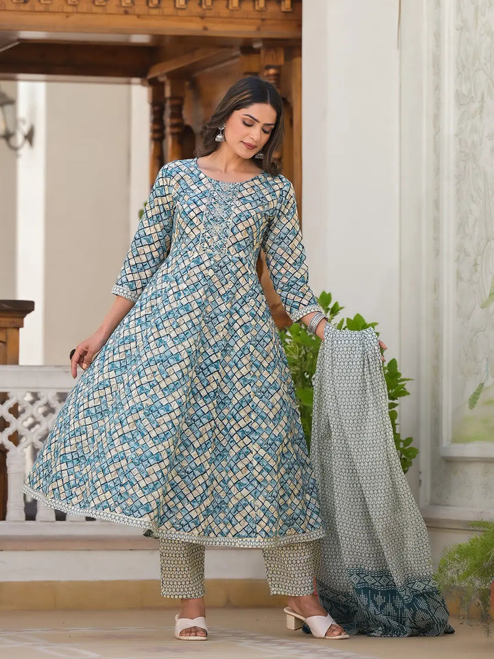 Blue Checkered Print Anarkali Kurta Trouser With Dupatta Set-Yufta Store-6918SKDBLS
