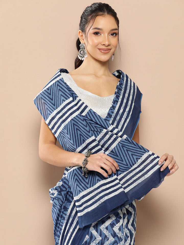 Blue Chevron Mulmul Cotton Sarees With Unstitched Blouse-Yufta Store-1968SARBL