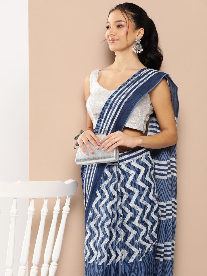 Blue Chevron Mulmul Cotton Sarees With Unstitched Blouse-Yufta Store-1968SARBL