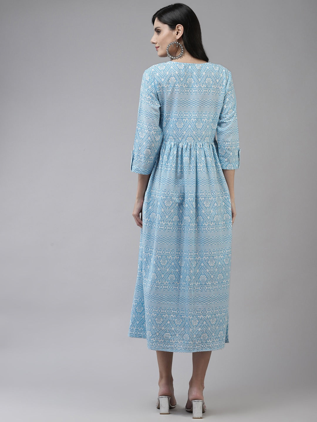 Blue Cotton Ethnic Midi Dress-Yufta Store-9786DRSSBS