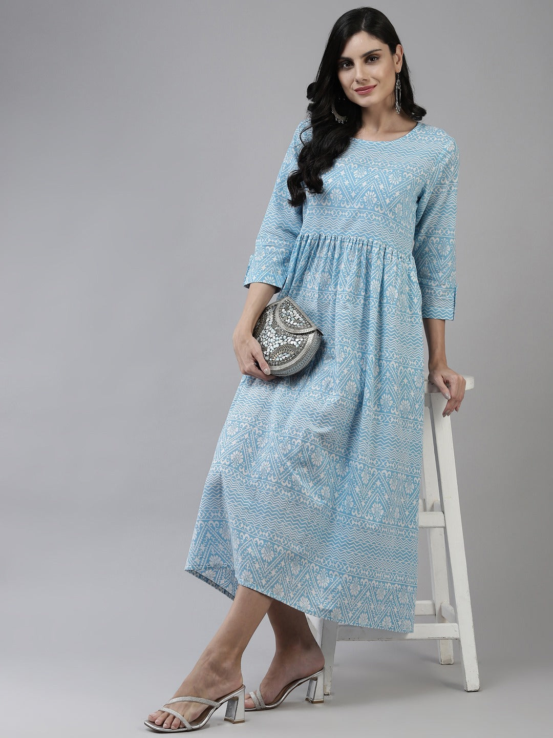 Blue Cotton Ethnic Midi Dress-Yufta Store-9786DRSSBS