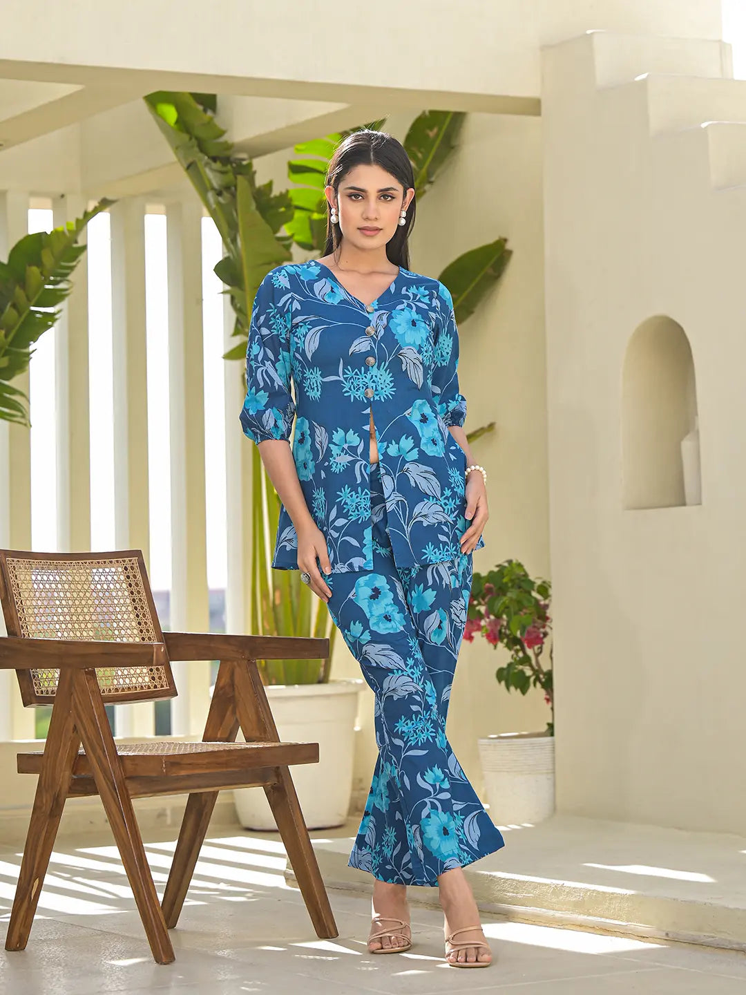 Blue Cotton Ethnic Motifs Print Co-Ord Set-Yufta Store-6907CRDBLS