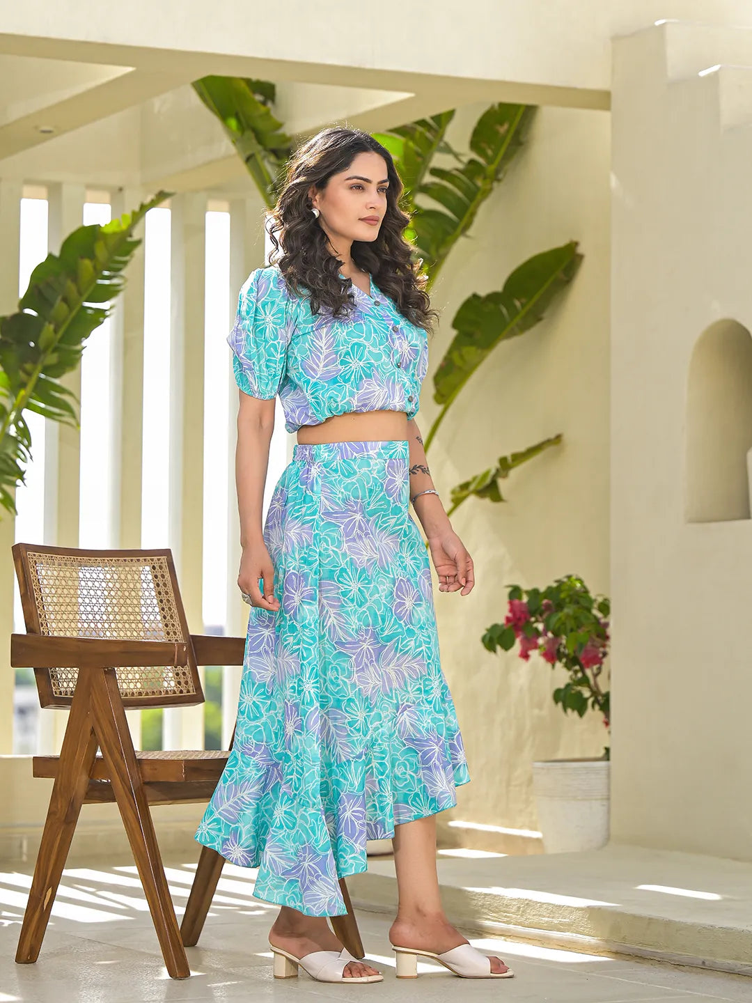 Blue Cotton Floral Print Co-Ord Set-Yufta Store-6912CRDBLS