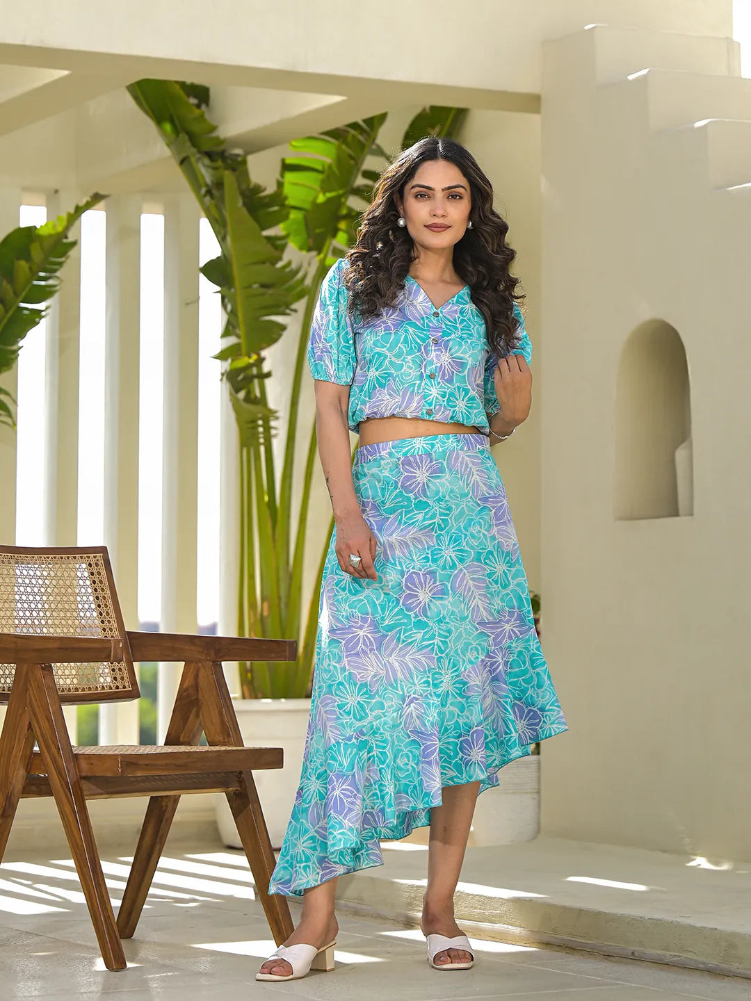 Blue Cotton Floral Print Co-Ord Set-Yufta Store-6912CRDBLS