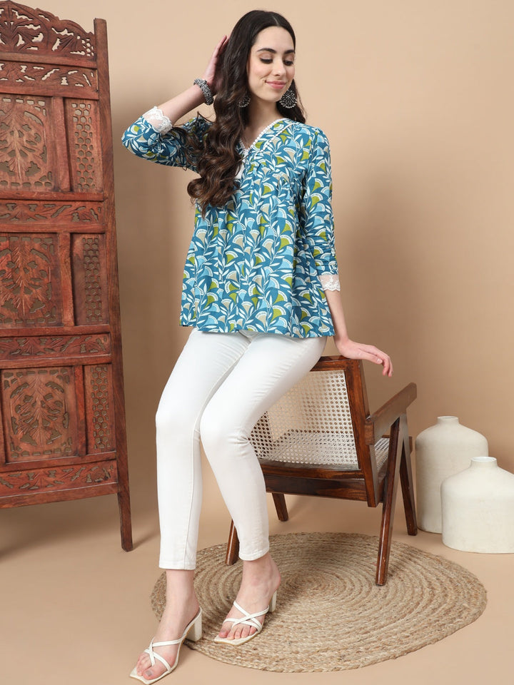 Blue Cotton Floral Printed Top With Lace Details-Yufta Store-1759TOPBLS