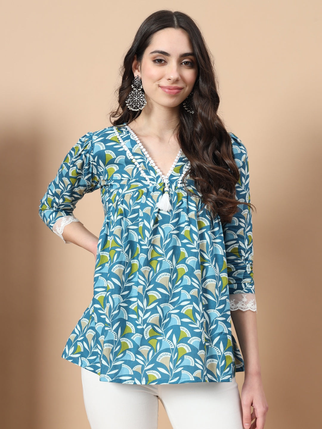 Blue Cotton Floral Printed Top With Lace Details-Yufta Store-1759TOPBLS