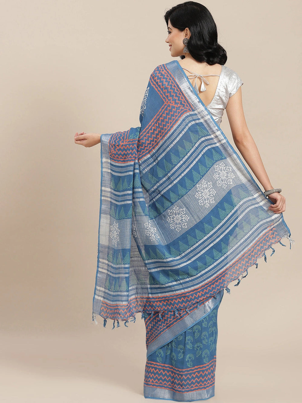 Blue Cotton Linen Saree-Yufta Store-6041SARBL