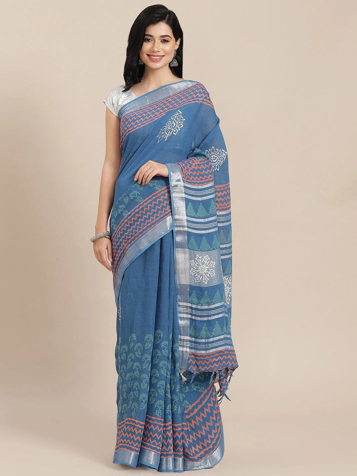 Blue Cotton Linen Saree-Yufta Store-6041SARBL