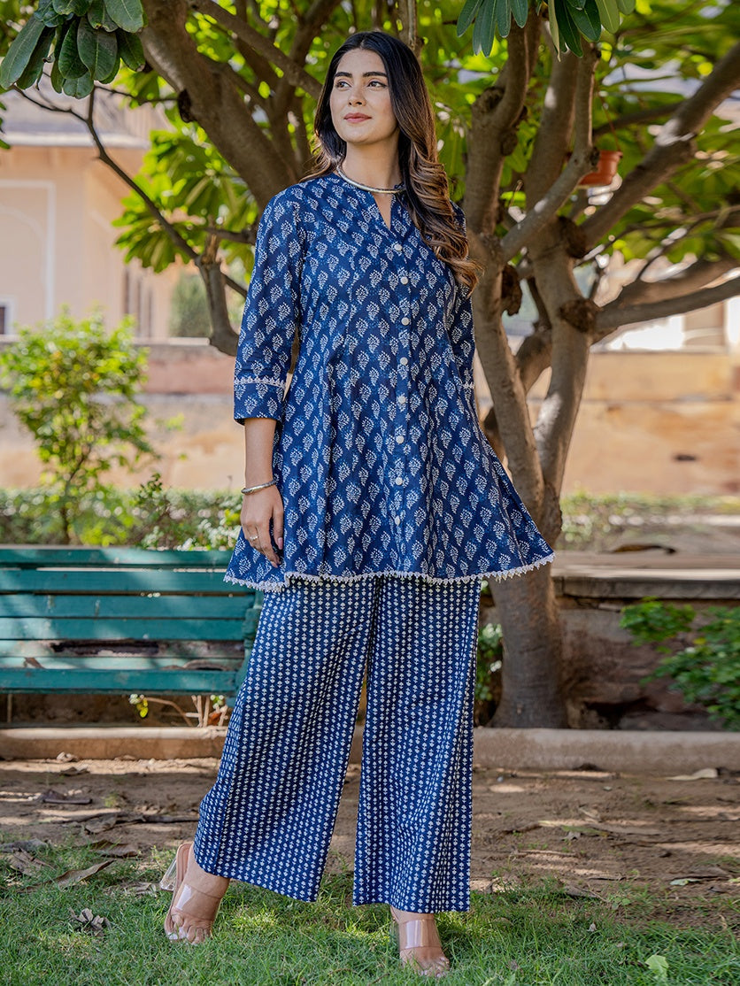 Blue Cotton Printed,Less Border Tassels Co-Ord Set-Yufta Store-1889CRDBLS