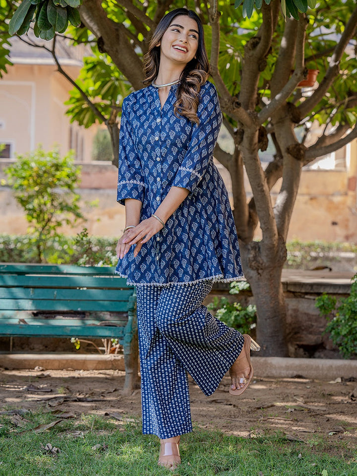 Blue Cotton Printed,Less Border Tassels Co-Ord Set-Yufta Store-1889CRDBLS