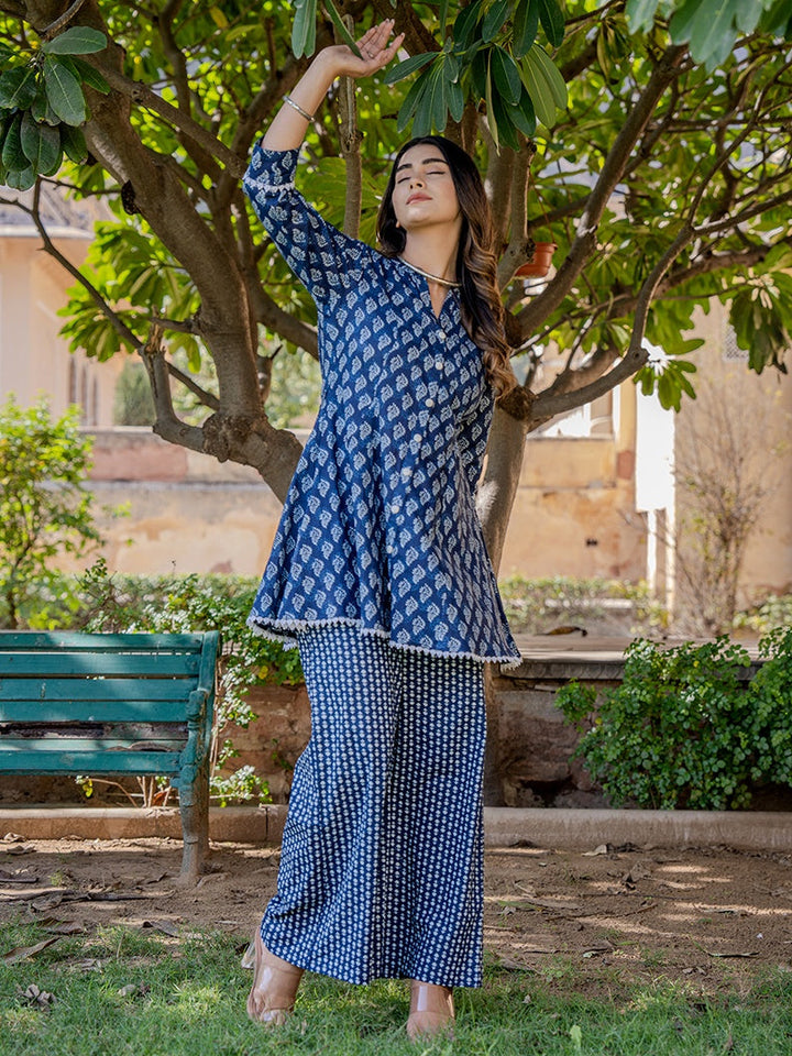 Blue Cotton Printed,Less Border Tassels Co-Ord Set-Yufta Store-1889CRDBLS