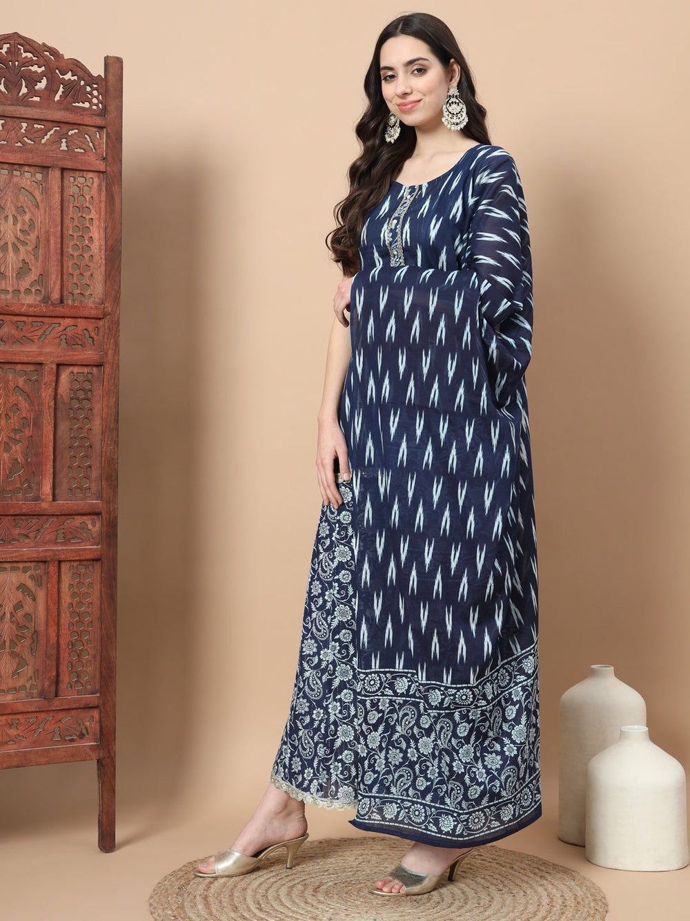 Blue Cotton Sleeveless Ikat Print Kurta Dupatta Set