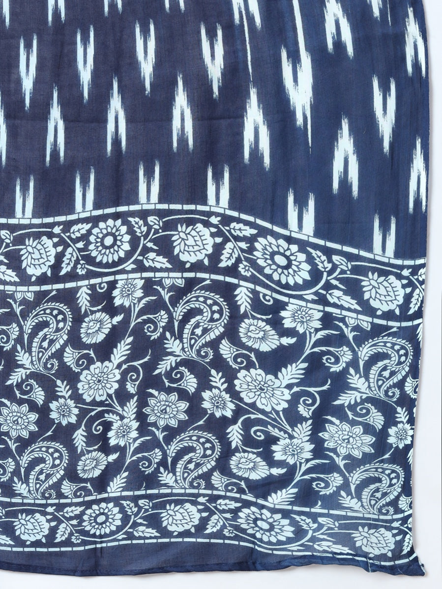 Blue Cotton Sleeveless Ikat Print Kurta Dupatta Set-Yufta Store-1879SKDBLS