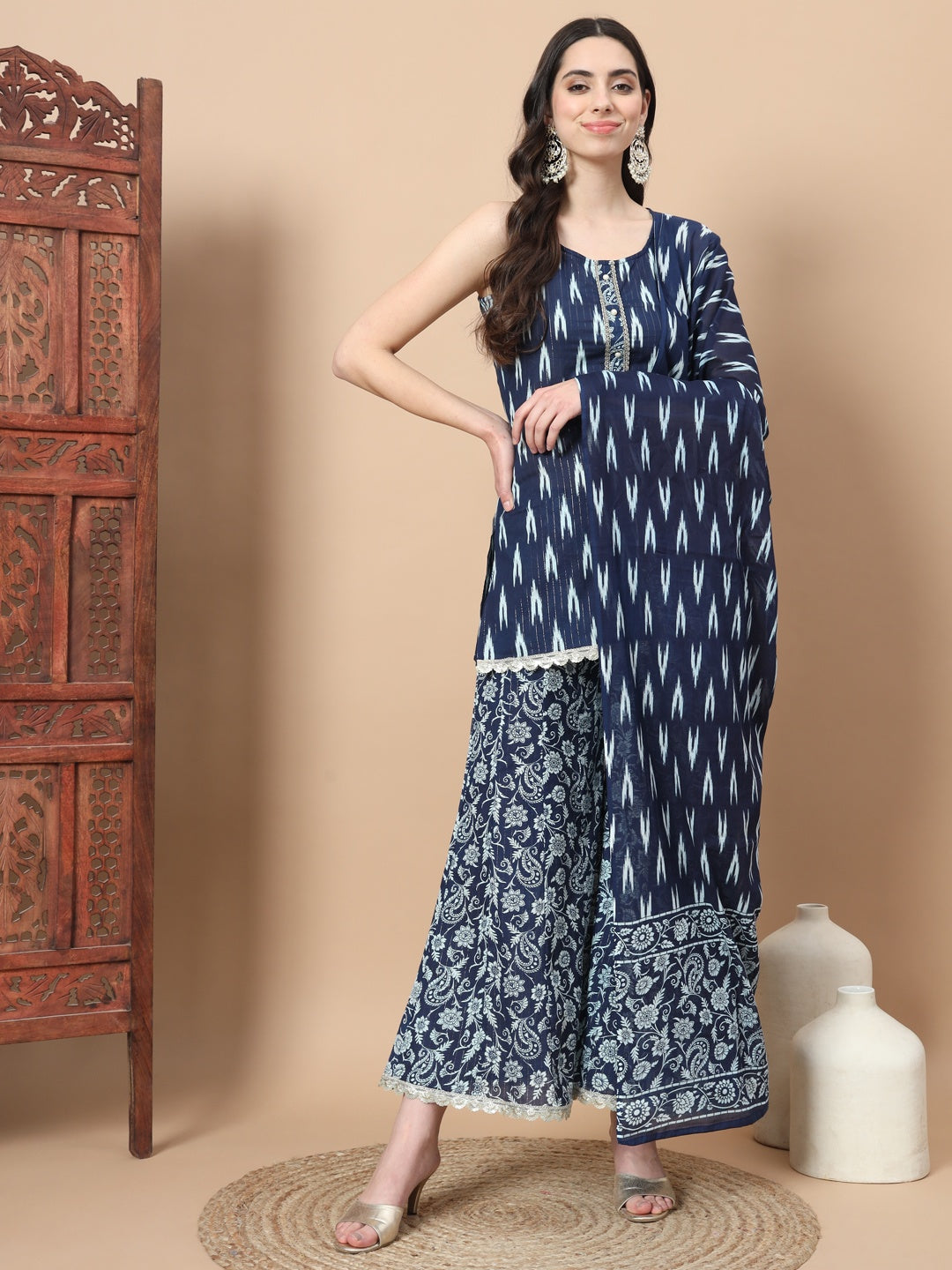 Blue Cotton Sleeveless Ikat Print Kurta Dupatta Set