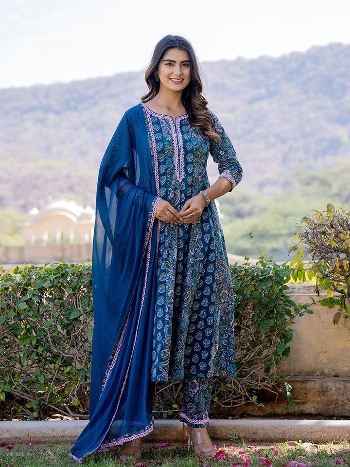 Blue Cotton Three quarter Regular Sleeves Anarkali kurta dupatta set-Yufta Store-1805SKDBLS