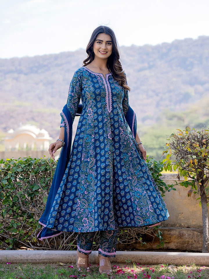 Blue Cotton Three quarter Regular Sleeves Anarkali kurta dupatta set-Yufta Store-1805SKDBLS